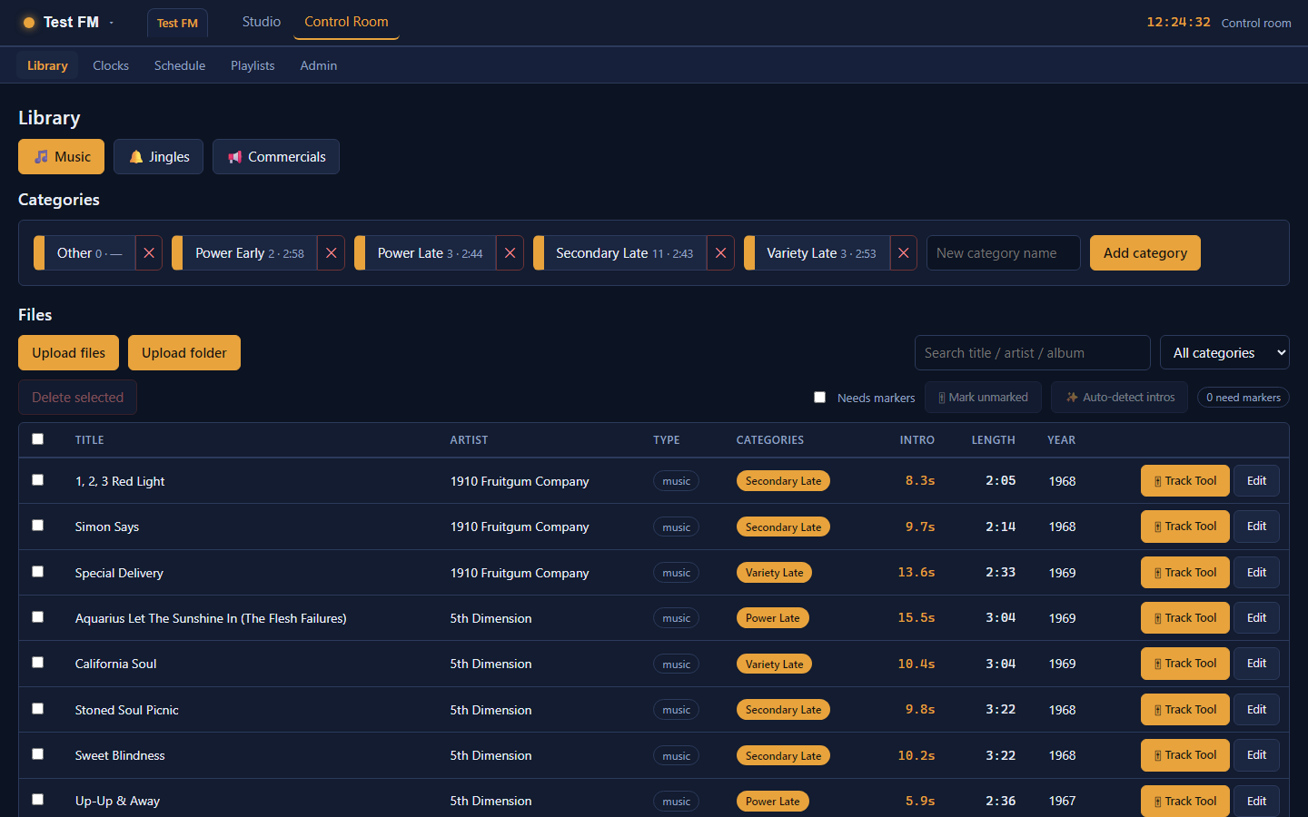 The AirForge Library: music, jingles and commercials with categories, intros, lengths and the Track Tool