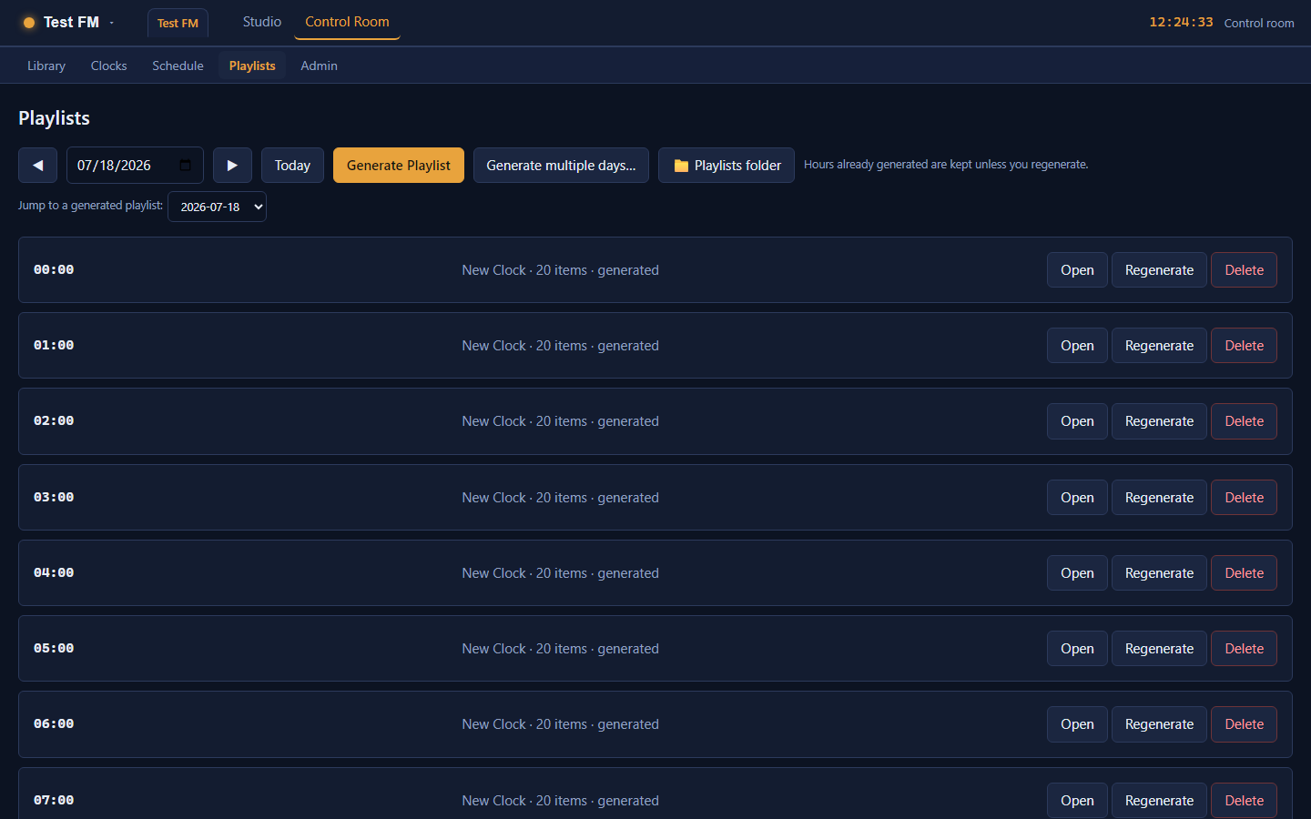 AirForge Playlists: a full day of hours generated in one click, each one openable and editable