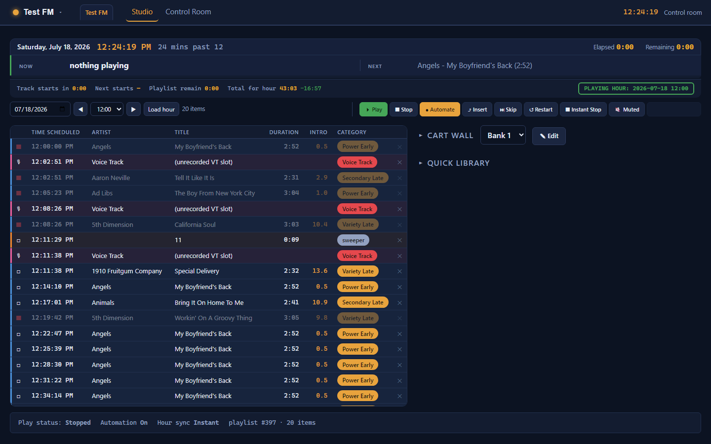 The AirForge Studio: live-assist console with now and next, countdowns, automation controls, the hour's playlist and the cart wall