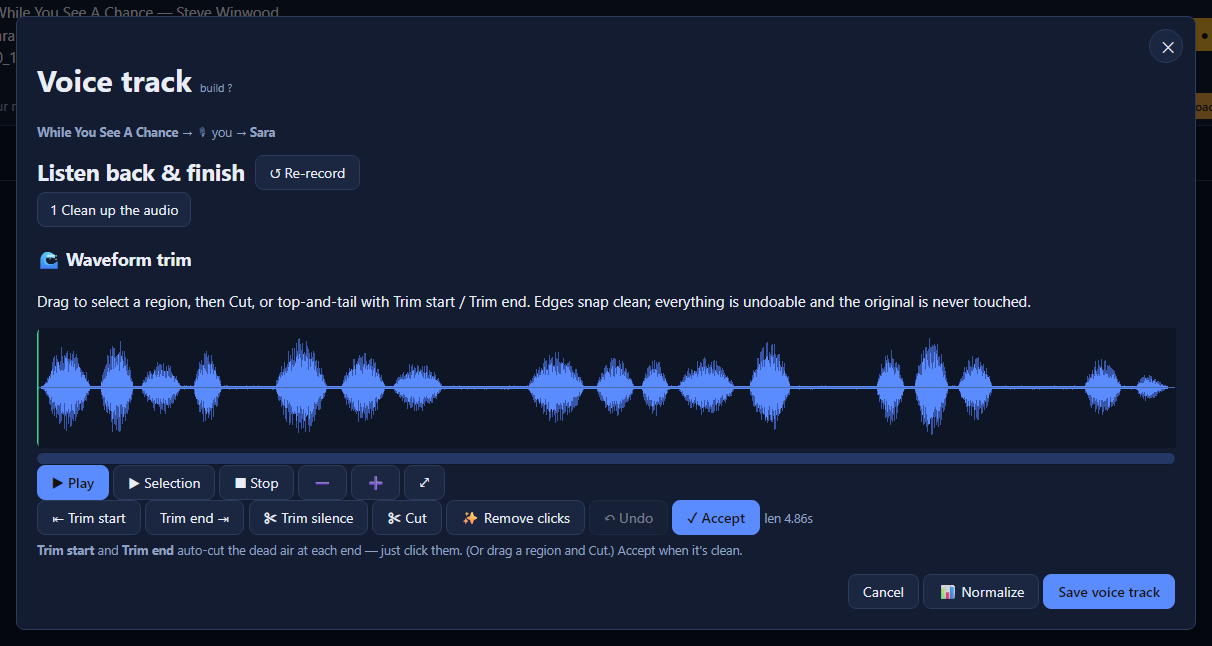 The ControlForge recording booth and waveform editor