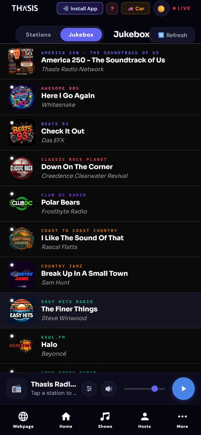 Thasis Radio Network installed app: live jukebox and tab bar