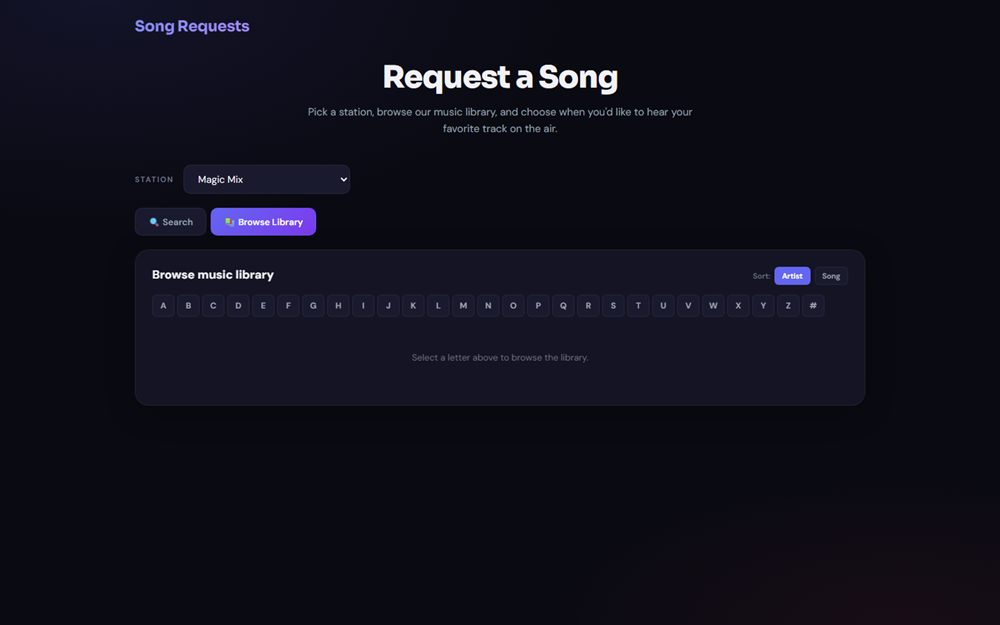 Song request site: browse the station's real music library