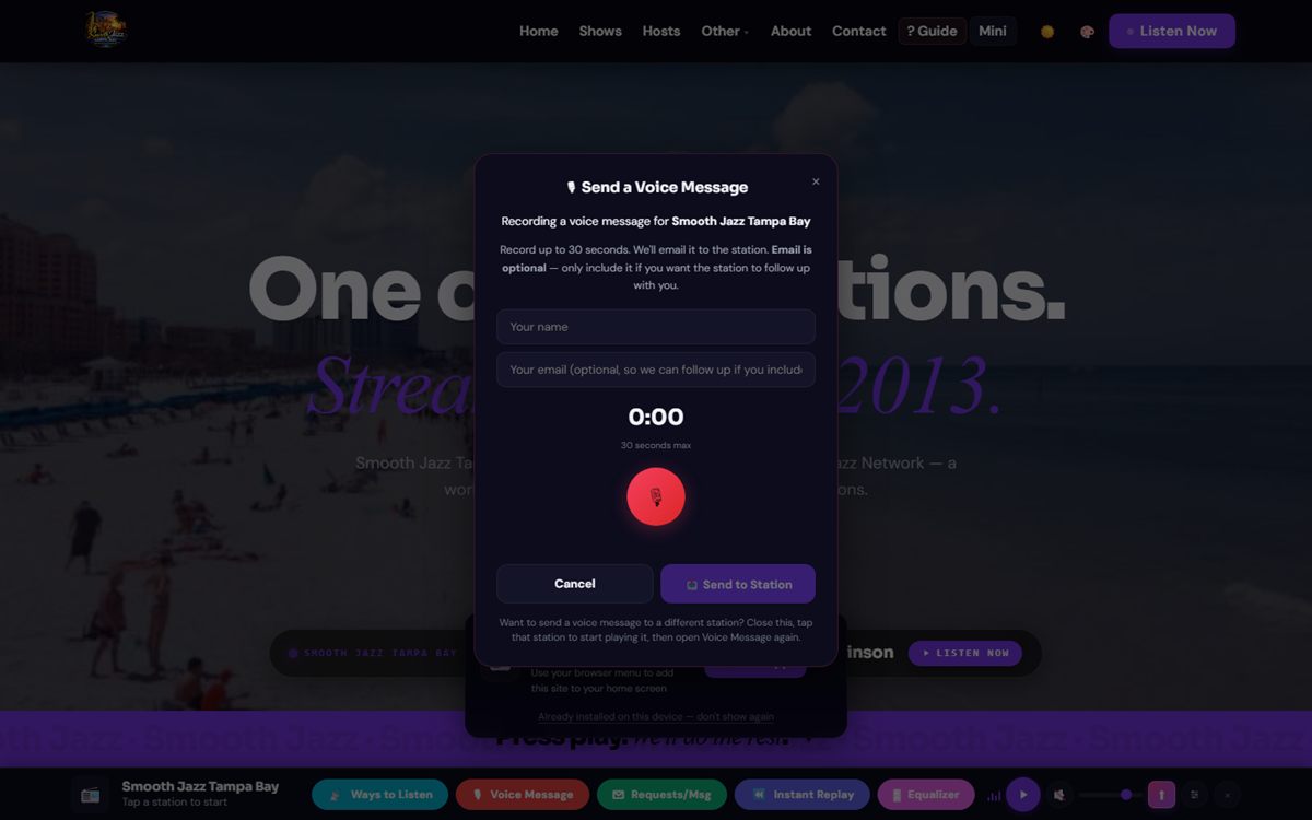 In-browser voice message recorder on Smooth Jazz Tampa Bay