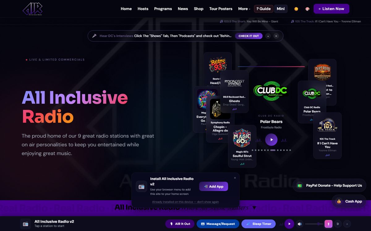 All Inclusive Radio: interactive nine-station home page